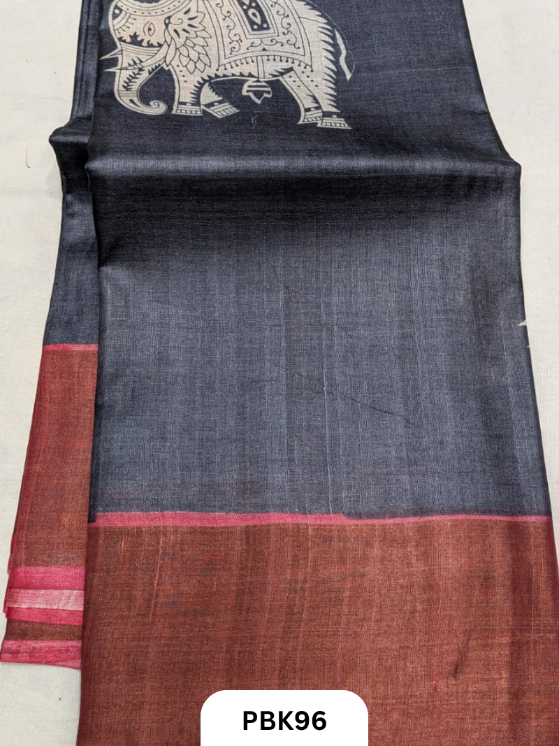 Premium Pure Tussar Silk Handblock Print Saree – Kolkata Special