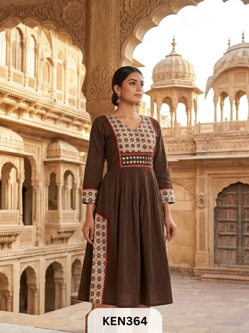 COTTON NATURAL &PLAIN COMBINATION FROCK STYLE KURTI WITH MIRROR WORK