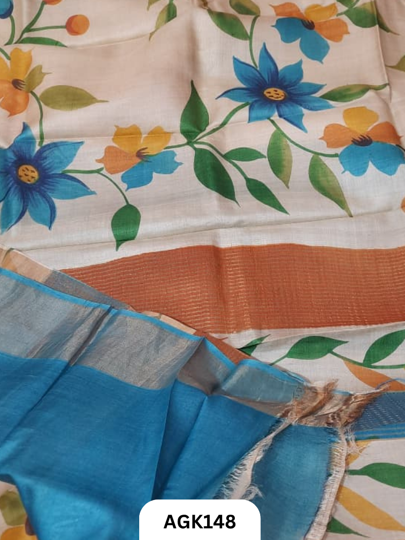 Premium Zari Border Tussar Hand-Painted Saree – Silk Mark Certified