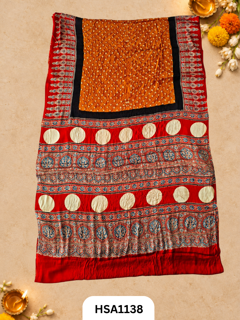 Ajarkh Bandej Modal silk saree with blouse