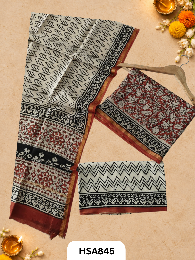 HandBlock Printed Chanderi Silk Cotton Suits -Top 2.5M Duptta 2.5M