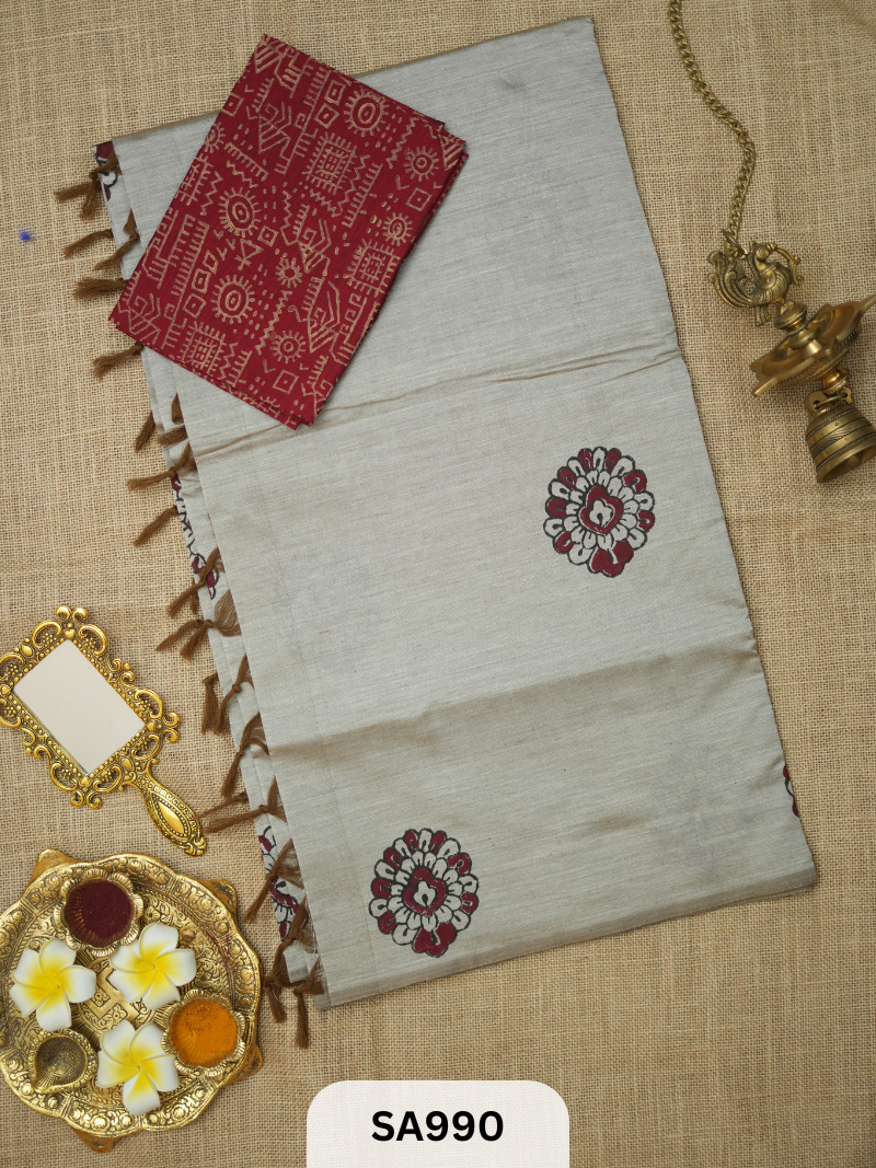 SILK COTTON EMBROIDERY HANDBLOCK SAREE