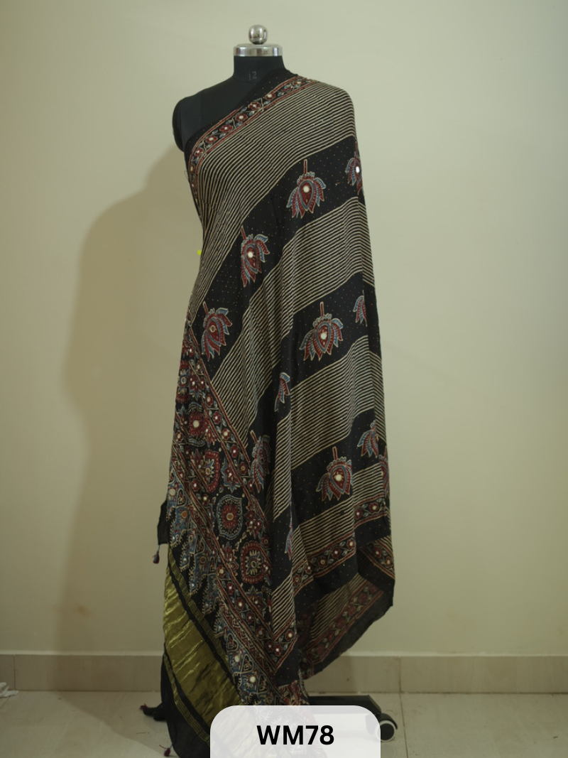 TISSUE PALLU AJRAKH HANDBLOCKPRINT KHATLI WORK DUPPATTA