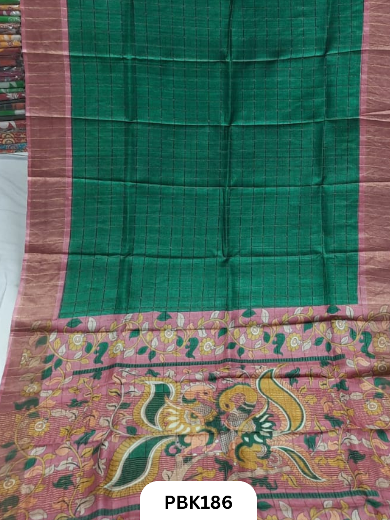 Pure Tussar Silk Saree with Checked design Plain Body with Kalamkari Design in Pallu