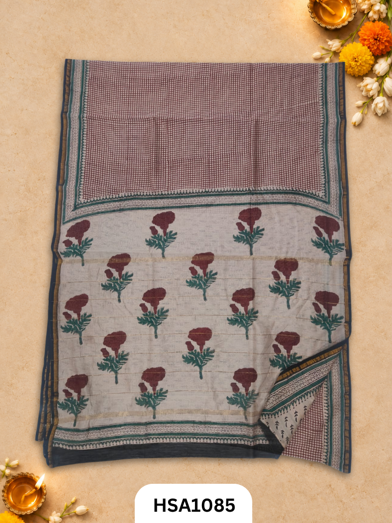 Pure Hand Block Printed Chanderi Silk Saree With Printed Blouse