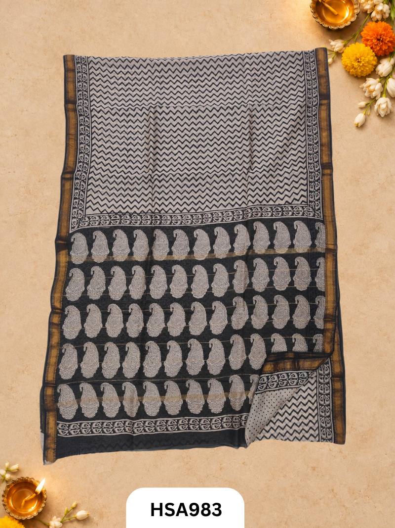 Pure Maheswari Silk Cotton - Handblock Print Saree With Blouse
