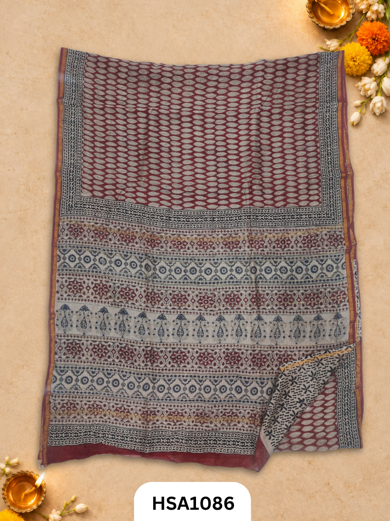 Pure Hand Block Printed Chanderi Silk Saree With Printed Blouse