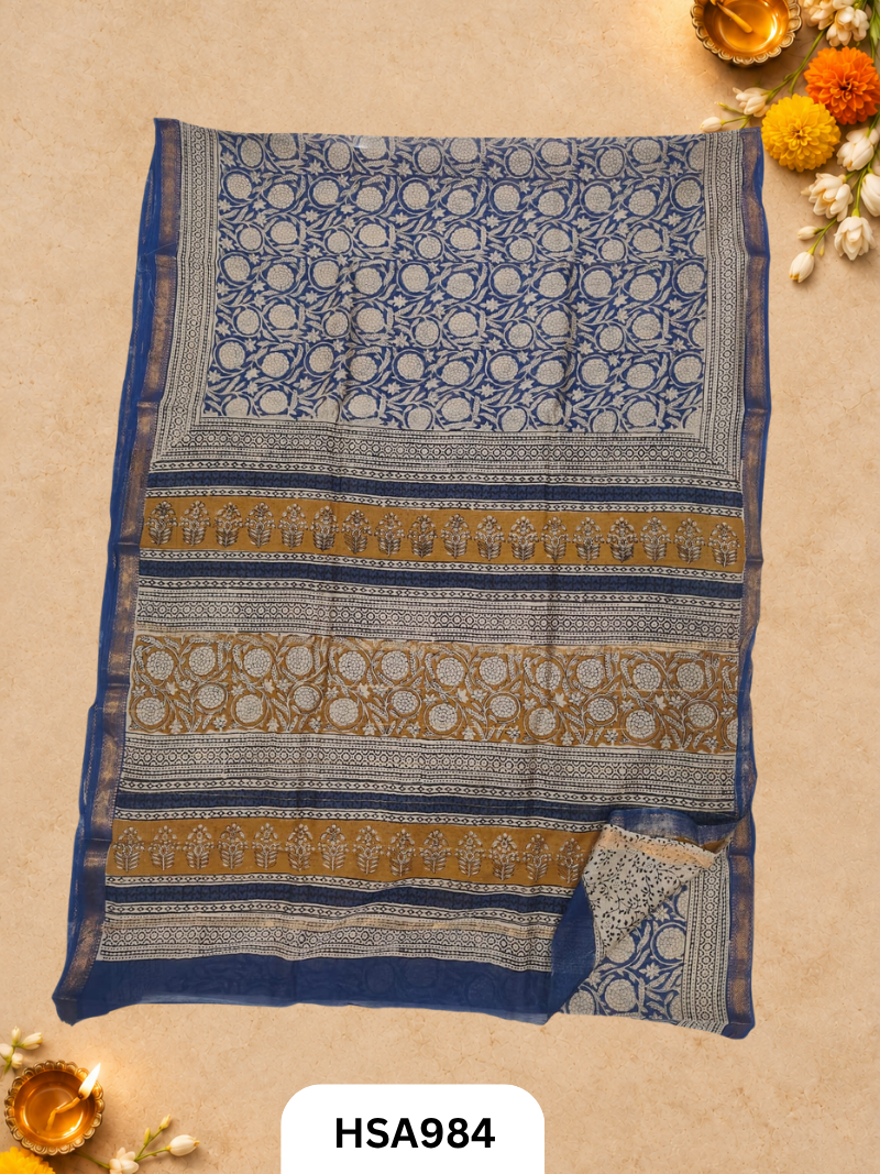 Pure Maheswari Silk Cotton - Handblock Print Saree With Blouse