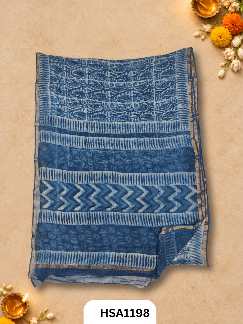 Hand Block Printed Kota Doriya Saree with Blouse