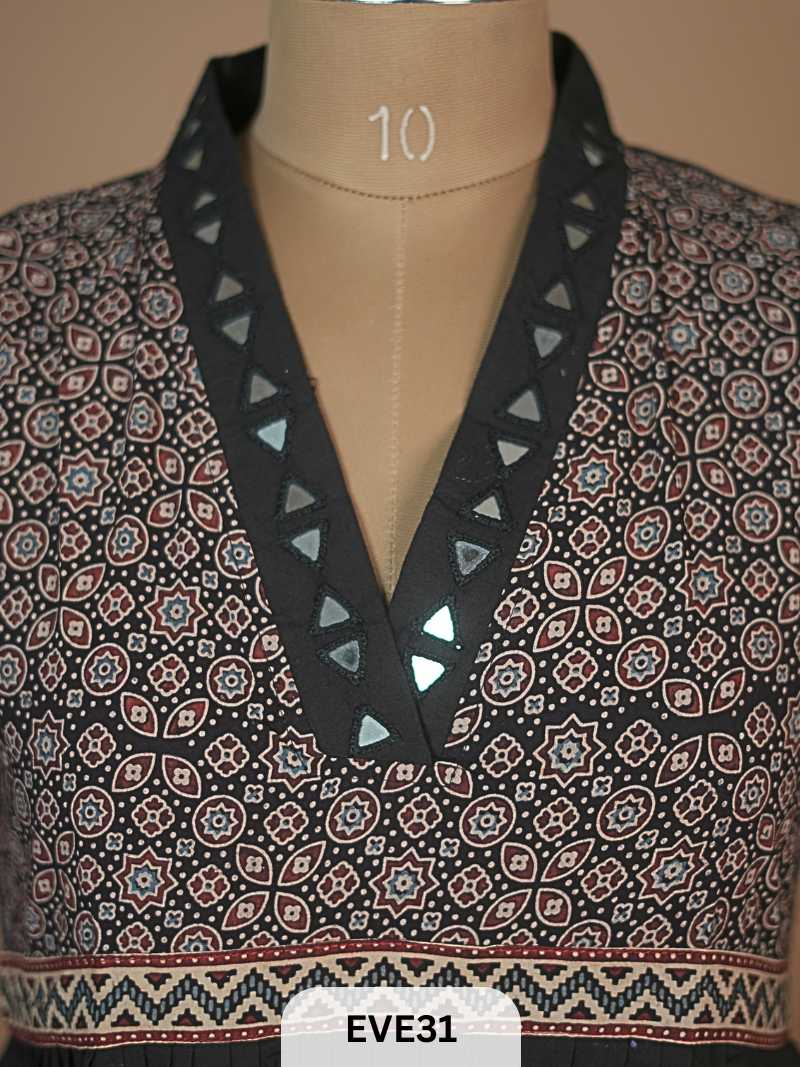 AJARKH COTTON ANARKALI MIRROR WORK KURTI