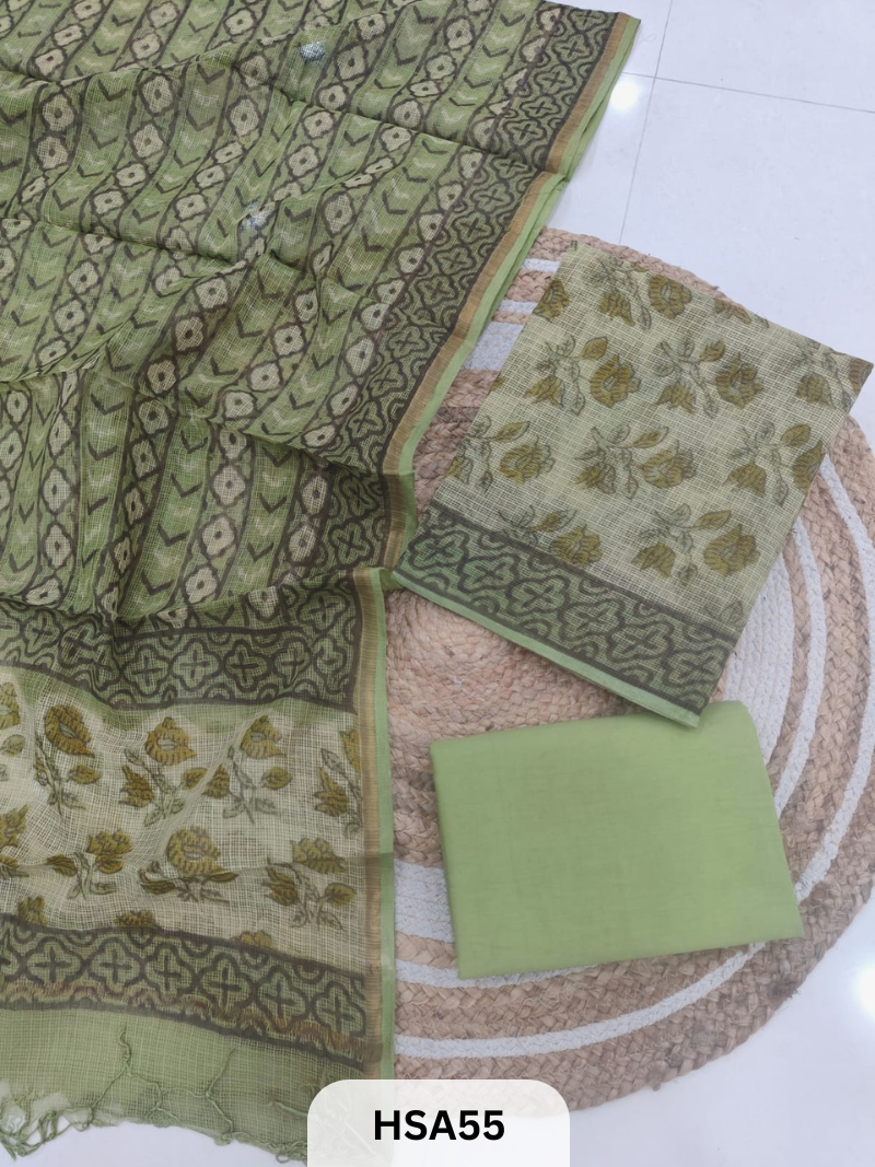 HAND BLOCK PRINTED KOTA DORIA SUIT WITH KOTA DORIA DUPATTA COTTON BOTTOM