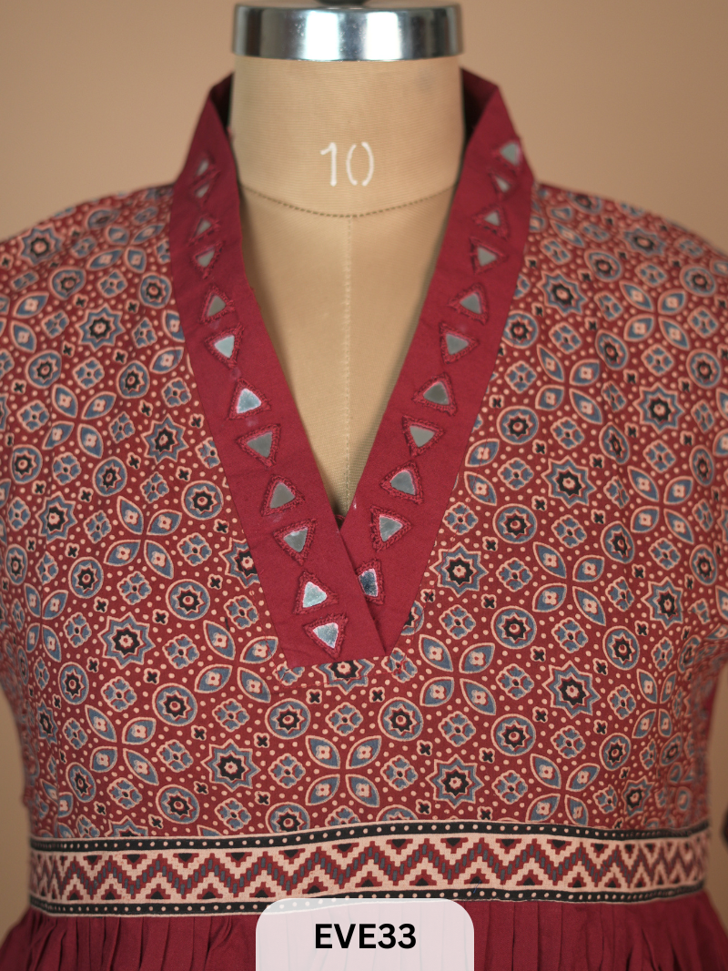 AJARKH COTTON ANARKALI MIRROR WORK KURTI