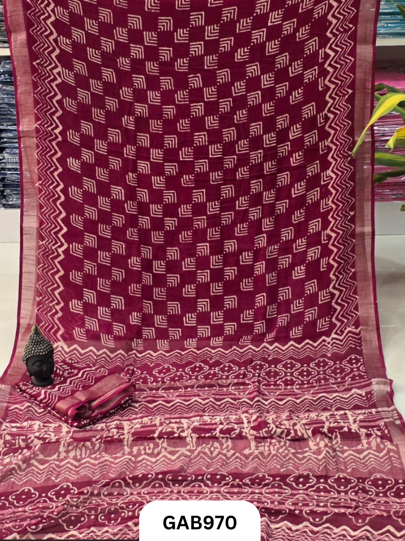 Bagru Handblock Print Linen Saree With Attached Blouse