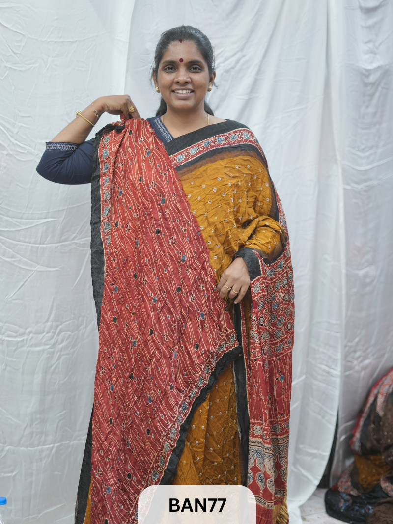 BANDHANI WITH AJRAKH SEMI GAJI SAREE