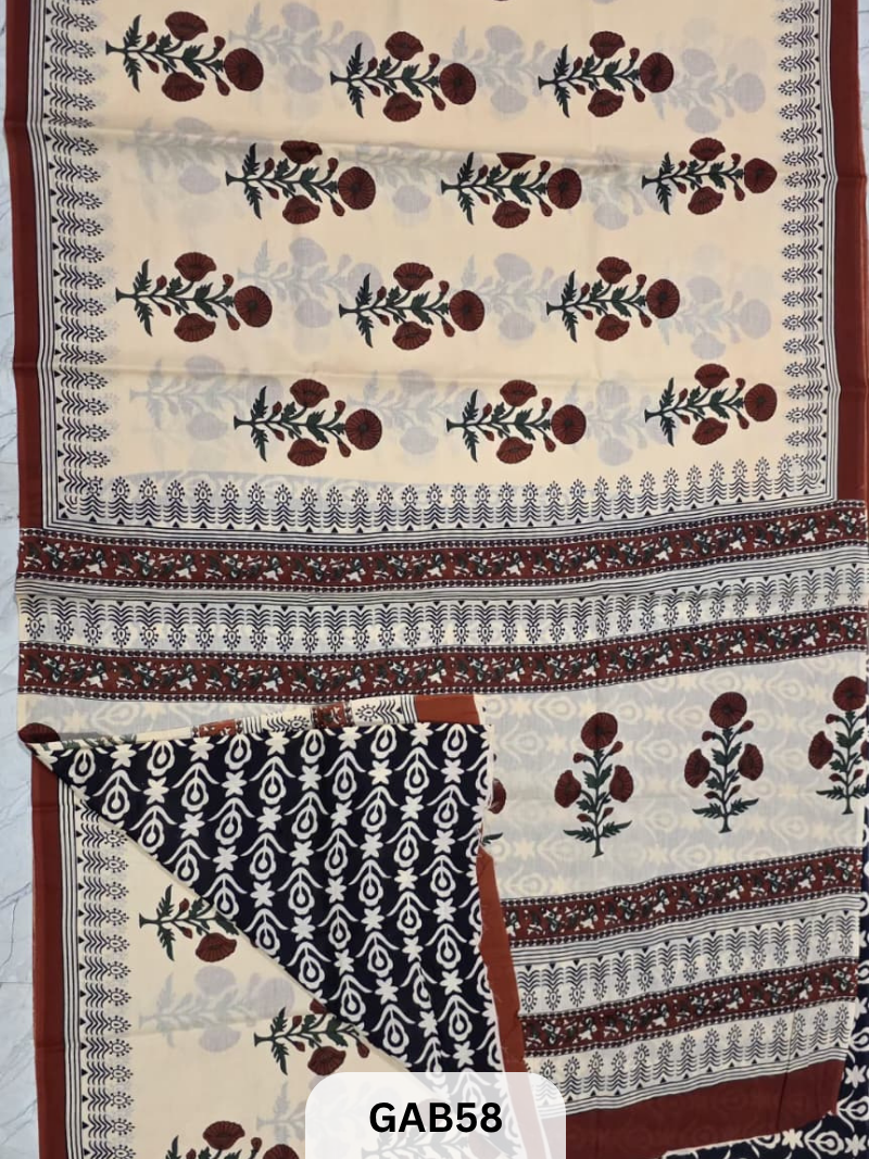 BAGRU PRINT COTTON MULMUL SAREES WITH BLOUSE-SAREE 5.5M +BLOUSE 1M