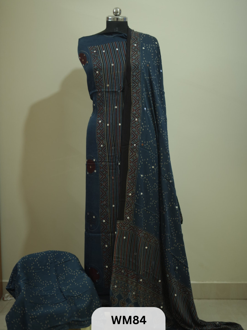 MODAL AJRAKH WITH GLUED MIRROR SALWAR SUIT - 3PCS