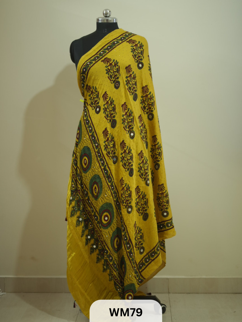 TISSUE PALLU AJRAKH HANDBLOCKPRINT KHATLI WORK DUPPATTA