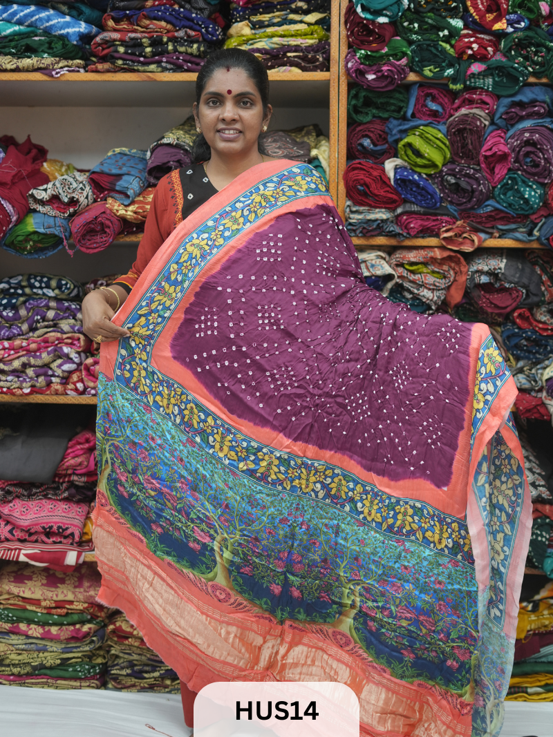 BANDHANI WITH KALAMKARI DIGITAL PRINT BORDER LAGDI PATTA