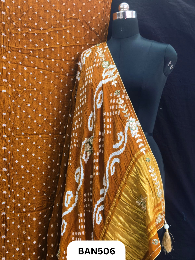 Semi gaji silk tissue pallu dani bandhej saree with khatli handwork
