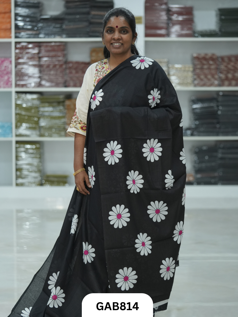 Bagru Block Print Cotton Mulmul Sarees With Running Blouse