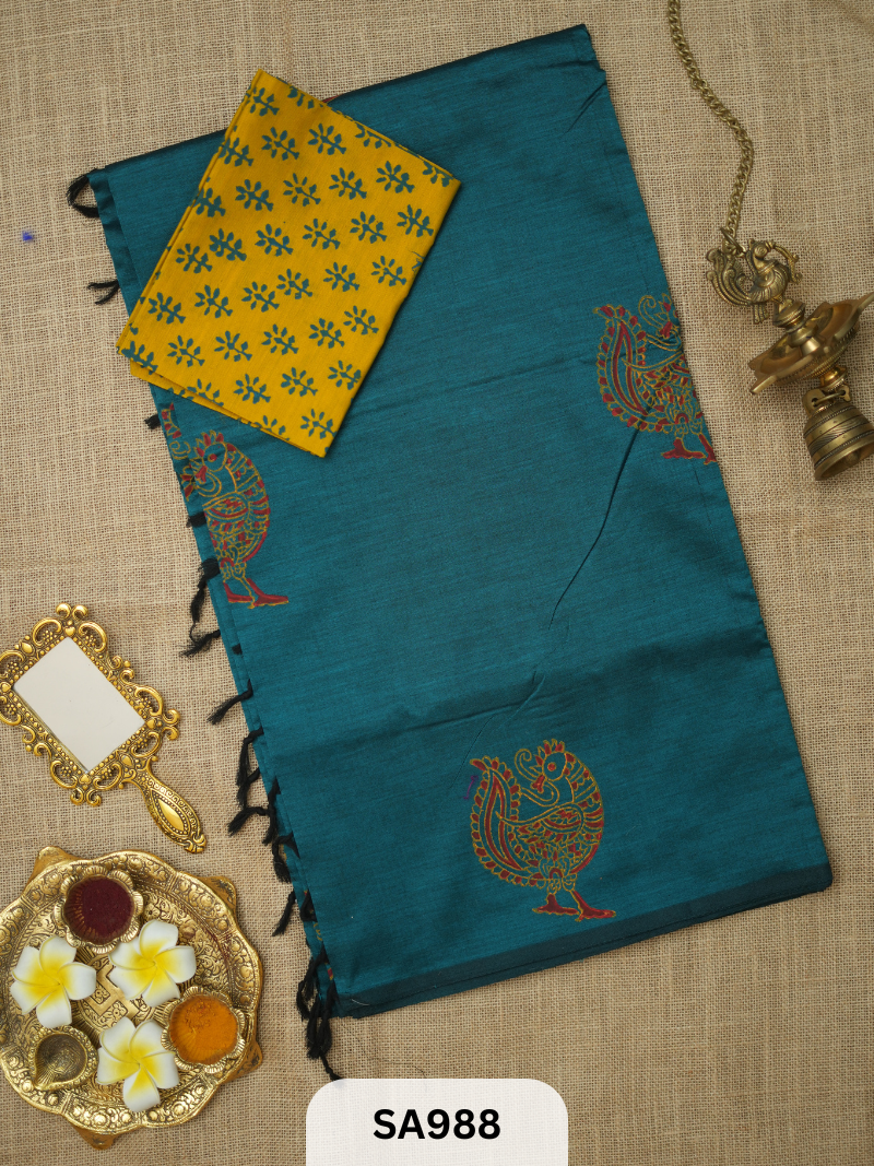 SILK COTTON EMBROIDERY HANDBLOCK SAREE