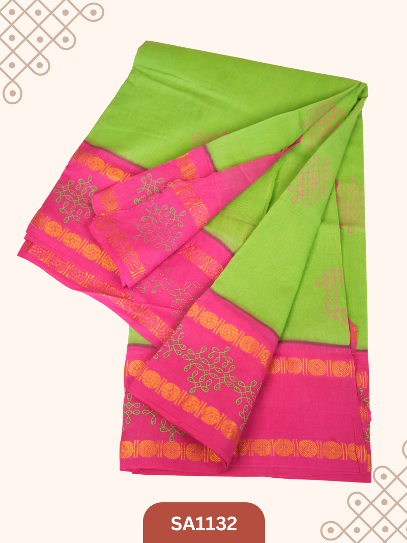 SUNGIDI HAND DRY - AUTHETIC MADURAI SUNGIDI HAND DYE SAREE WITH KOLAM HAND BLOCK