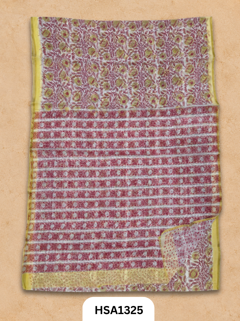 Chiffon Zari Border Saree - Hand Brush Painted