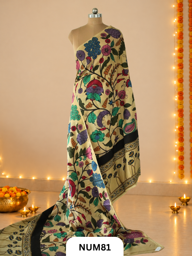Exclusive Pure Penkalamkari Floral Saree - MODAL SILK