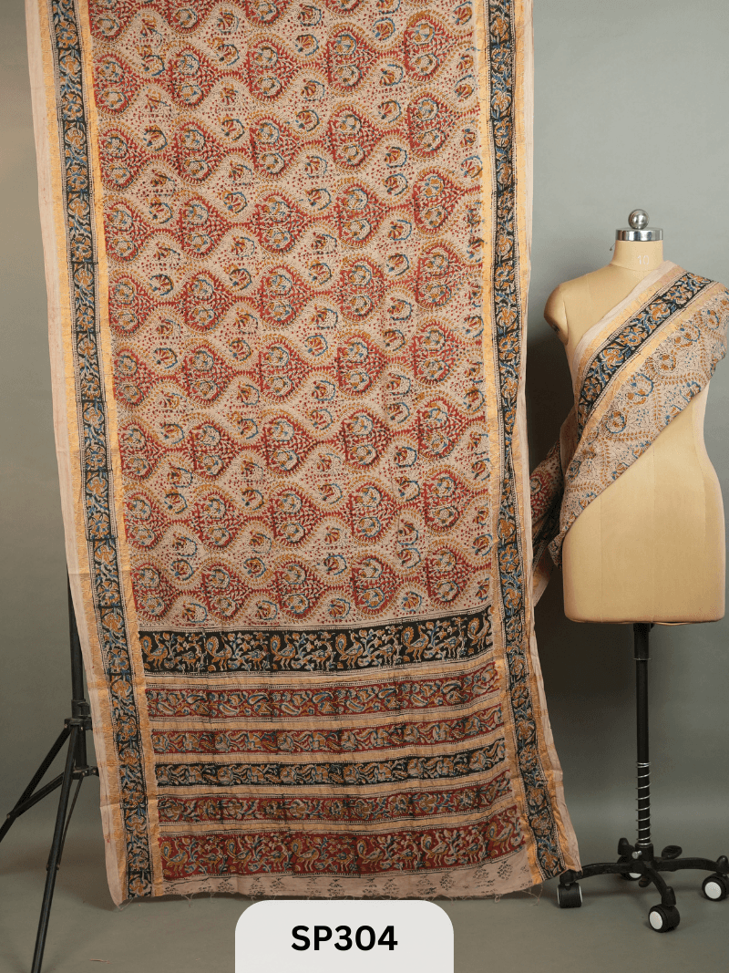 Sungudi Saree with Handblock Kalamkari print