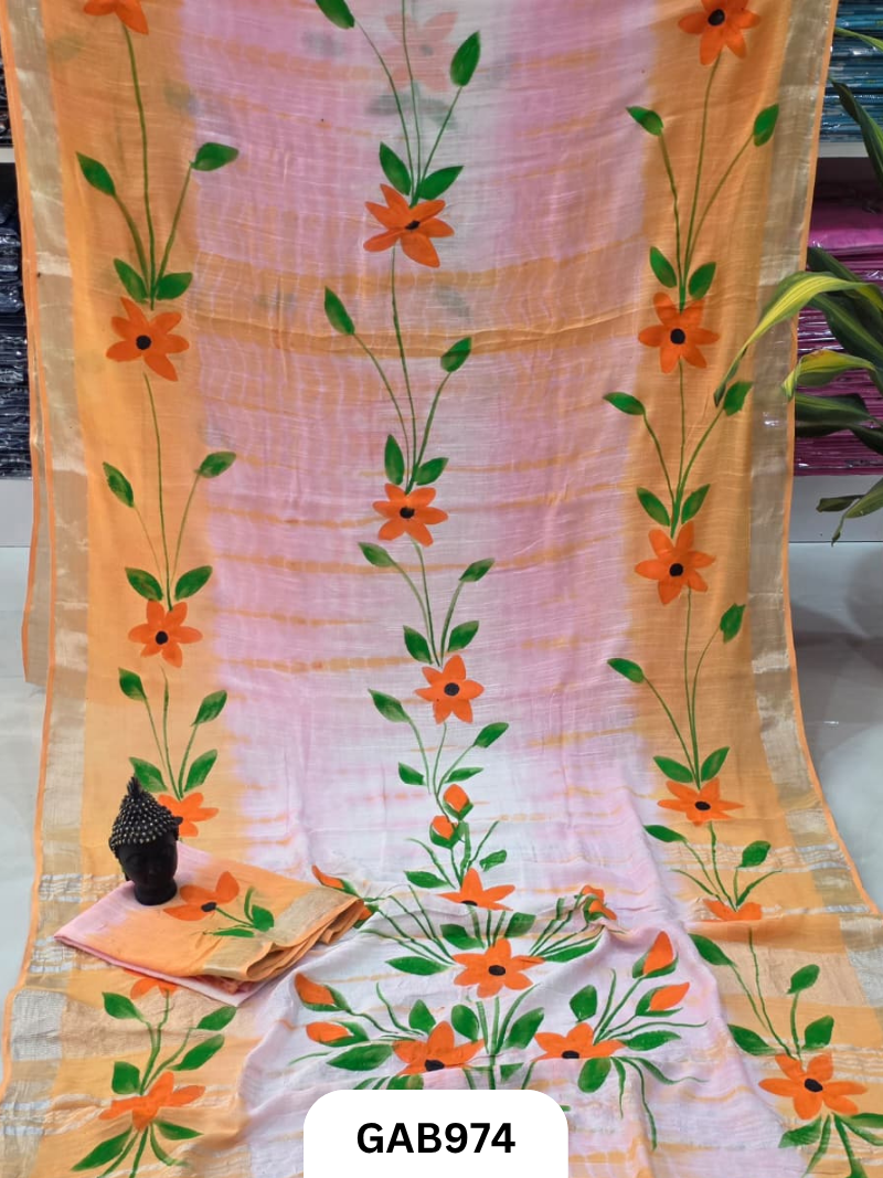 Bagru Handblock Print Linen Saree With Attached Blouse