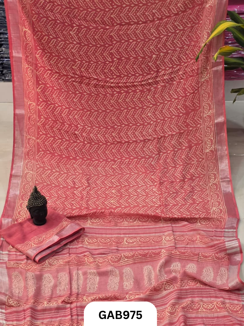 Bagru Handblock Print Linen Saree With Attached Blouse