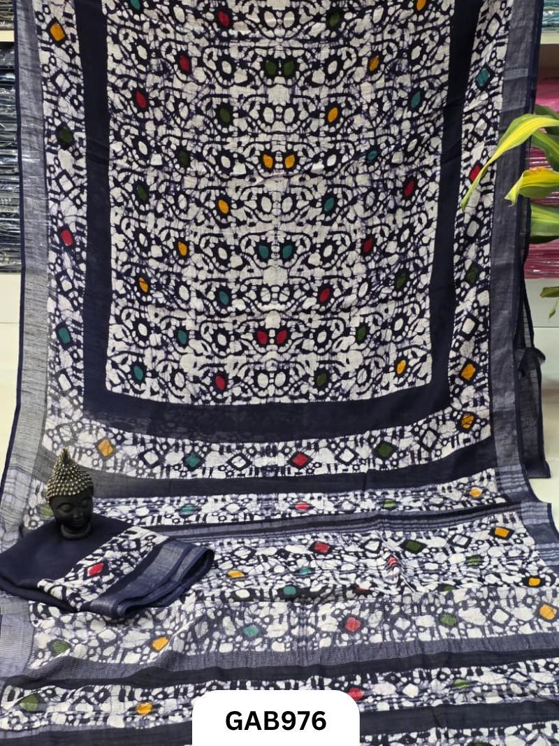 Bagru Handblock Print Linen Saree With Attached Blouse
