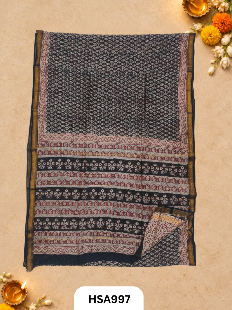 Pure Maheswari Silk Cotton - Handblock Print Saree With Blouse