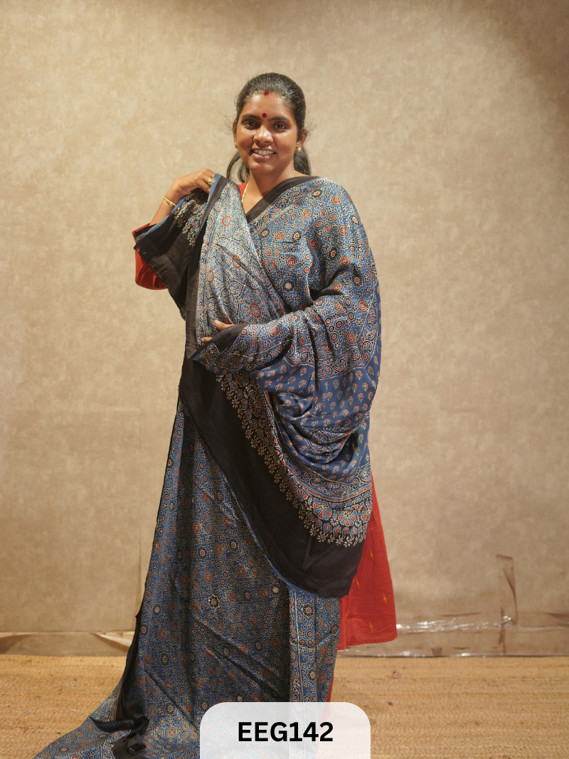 AJRAKH MODAL SAREE WITH KHATLI HANDWORK