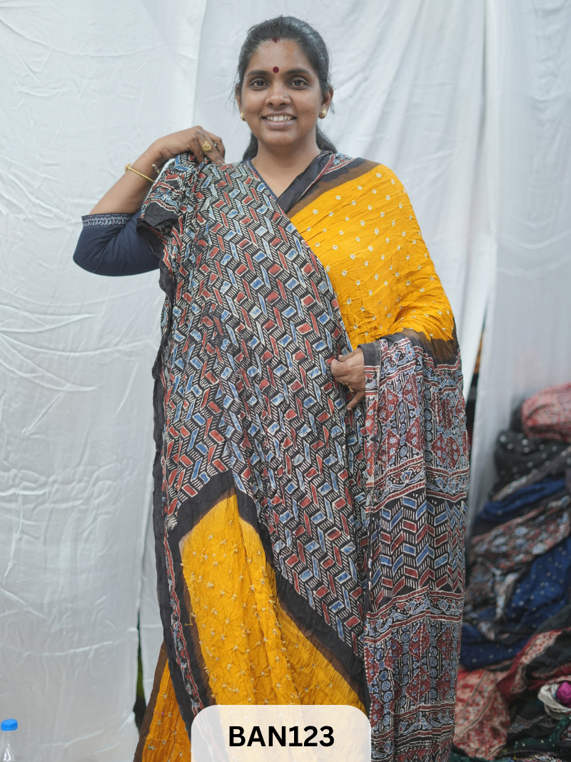 BANDHANI WITH AJRAKH SEMI GAJI SAREE