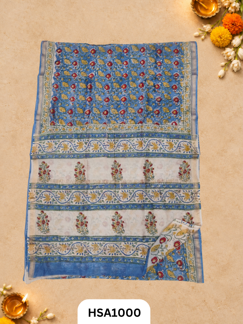 Pure Maheswari Silk Cotton - Handblock Print Saree With Blouse