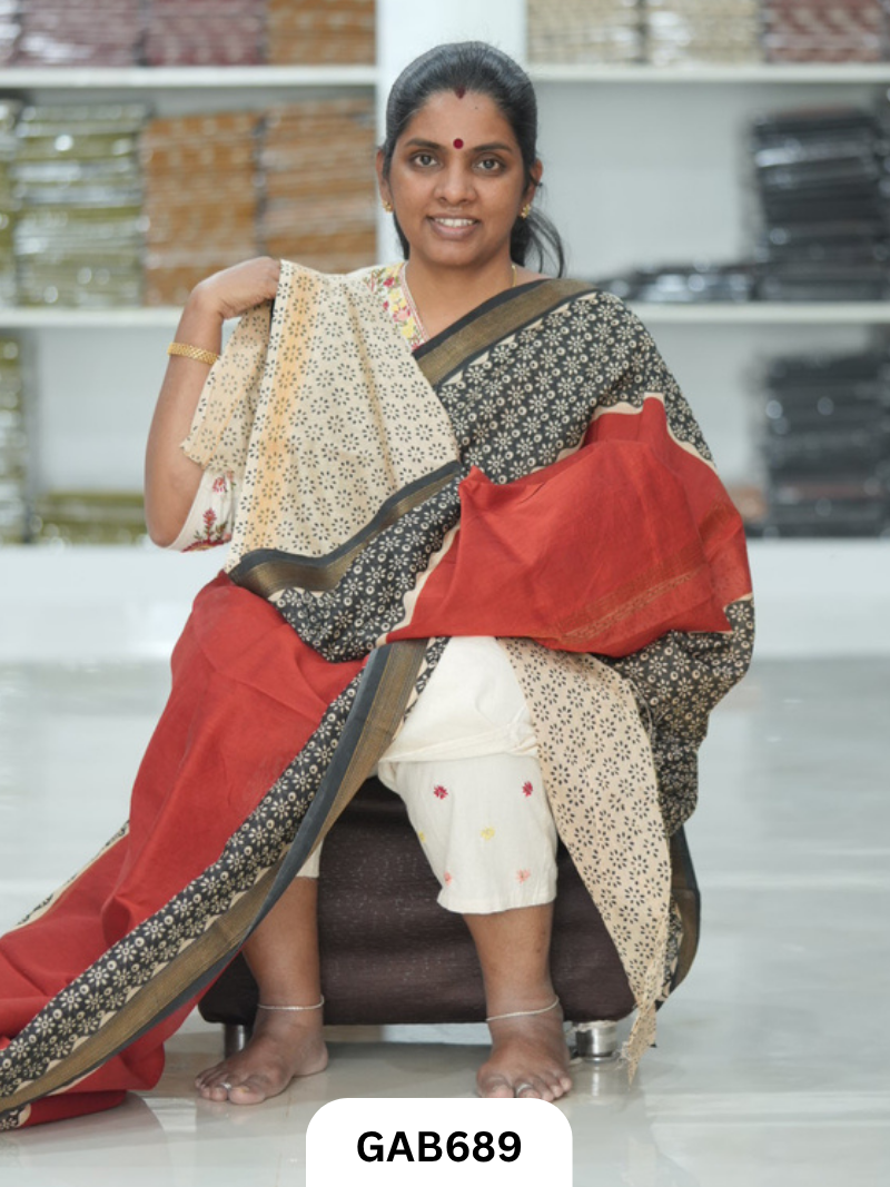 Hand Block Printed Maheshwari Silk Saree
