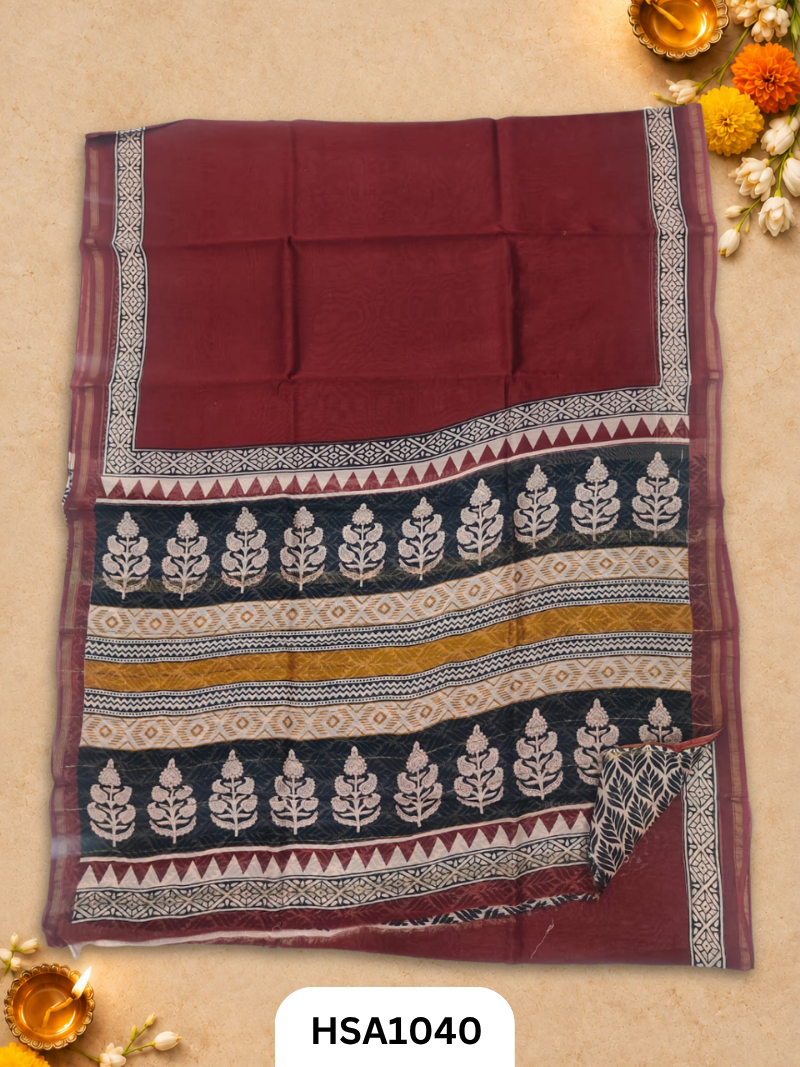 Pure Hand Block Printed Chanderi Silk Saree With Printed Blouse