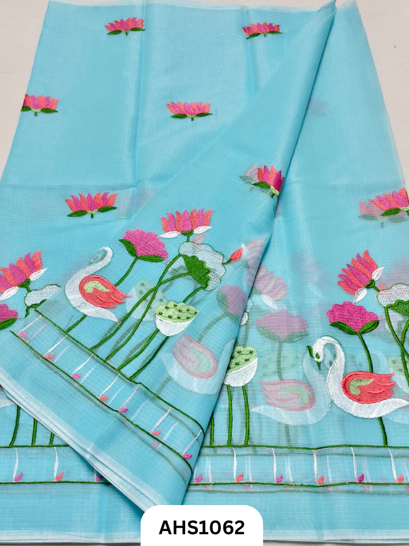 Kota Cotton Lotus & Swan Embroidery Work Saree with Blouse