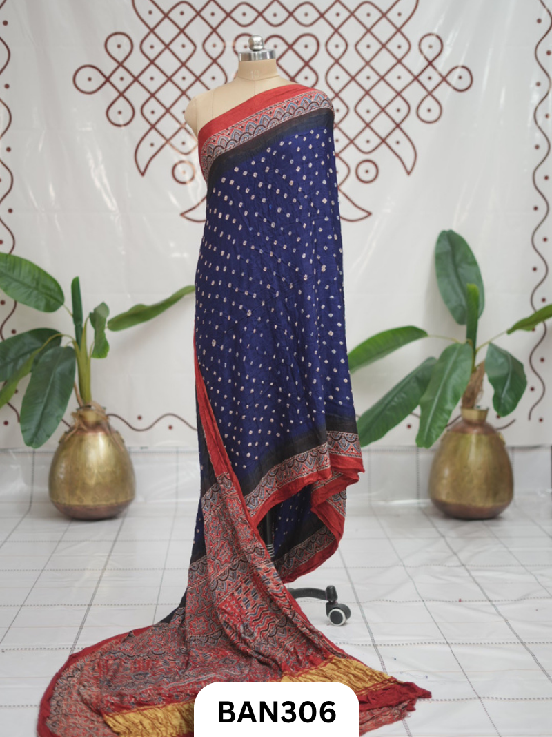 Modal Ajrakh With Bandhini Ladgi Patta Saree