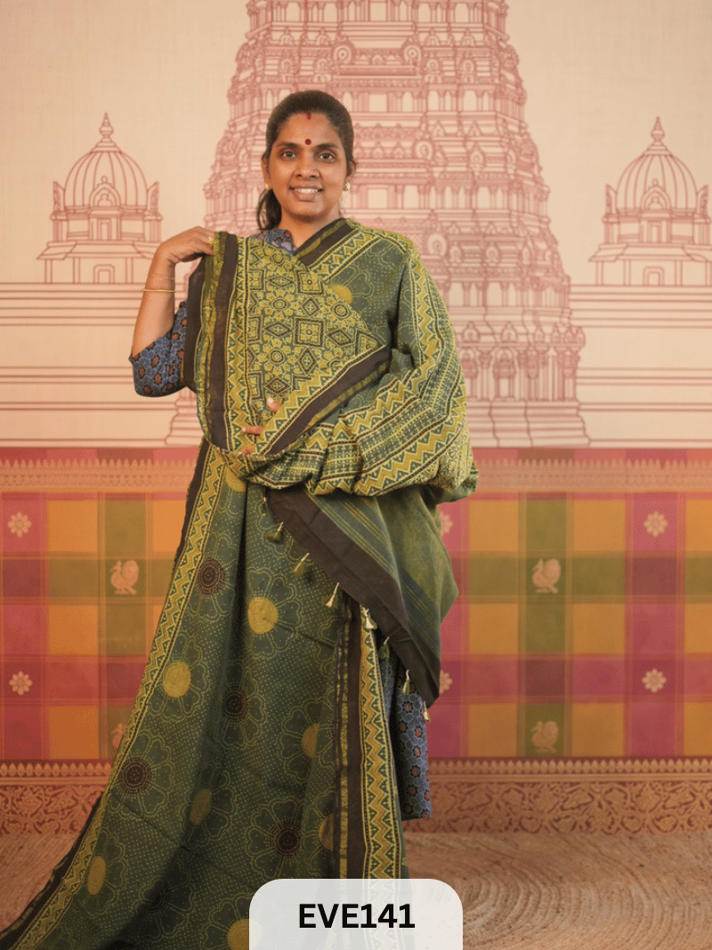 PURE CHANDERI SILK AJRAKH HANDBLOCK SAREE