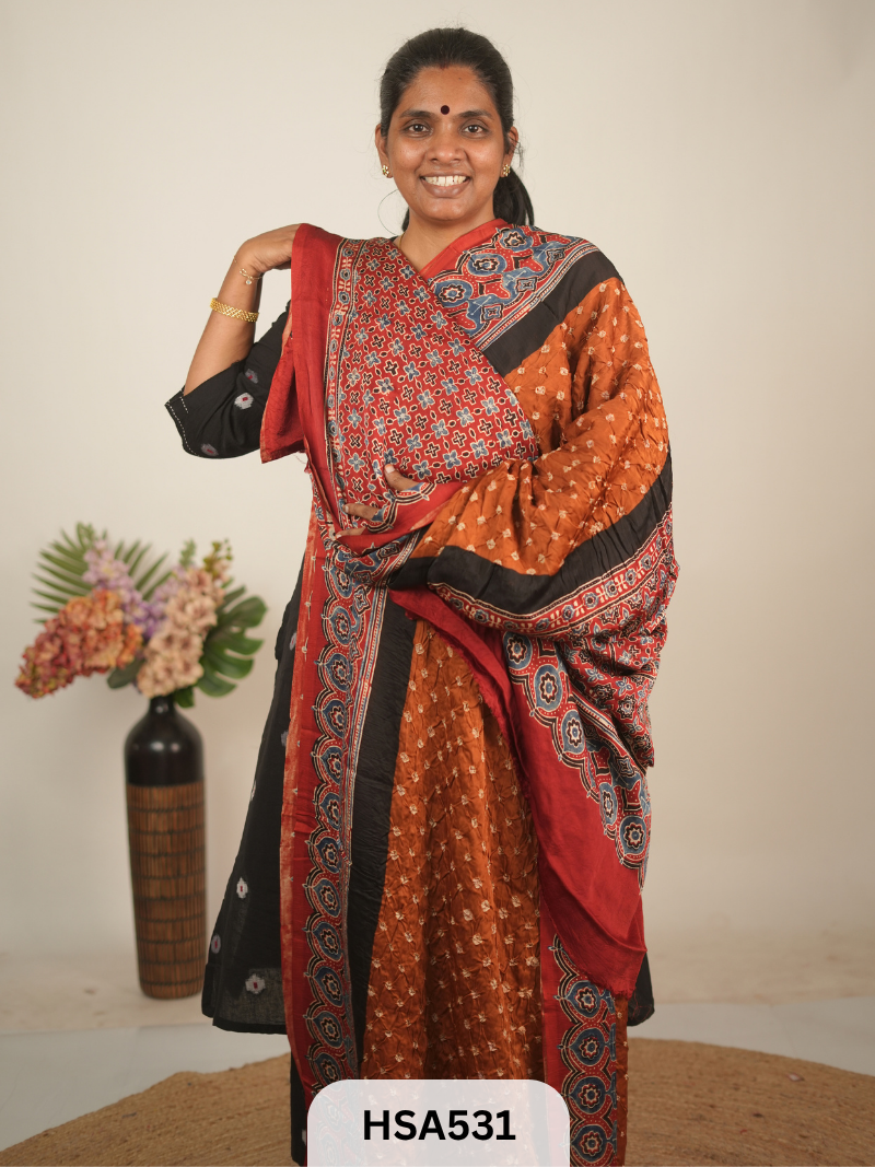 MODAL AJRAKH WITH BANDHINI SAREE