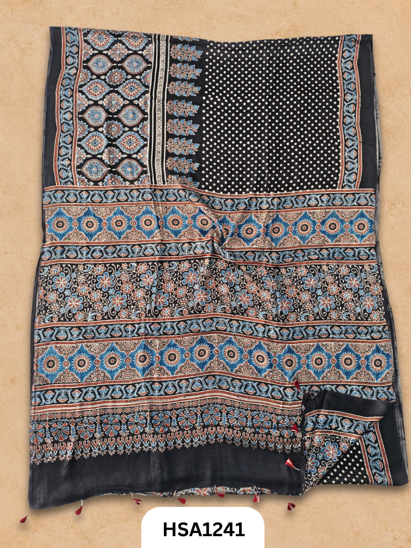 Natural Dye Vegetable Hand Block Print Ajrakh Print Pure Modal Silk Saree