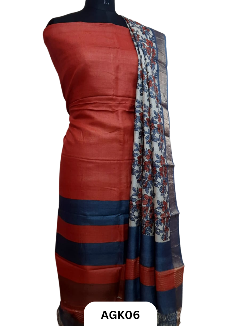 Silk Mark Certified Tussar Salwar Set with Hand Block Print