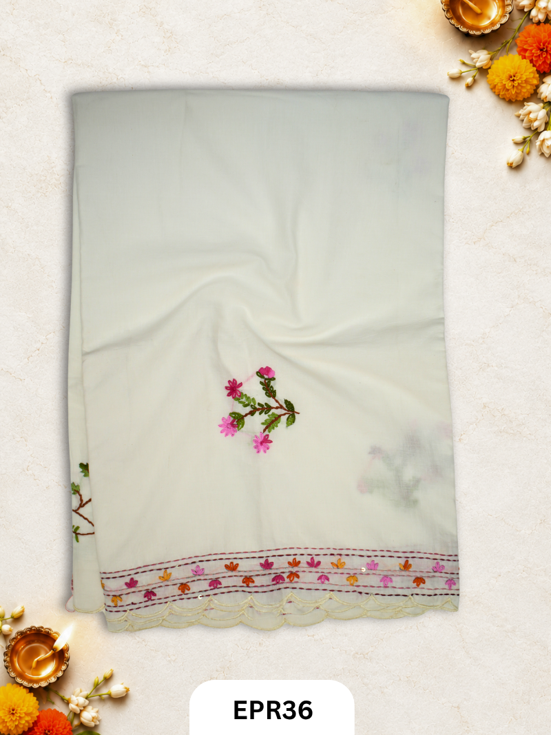 Mul Chanderi Scallop Embroidery Design Saree