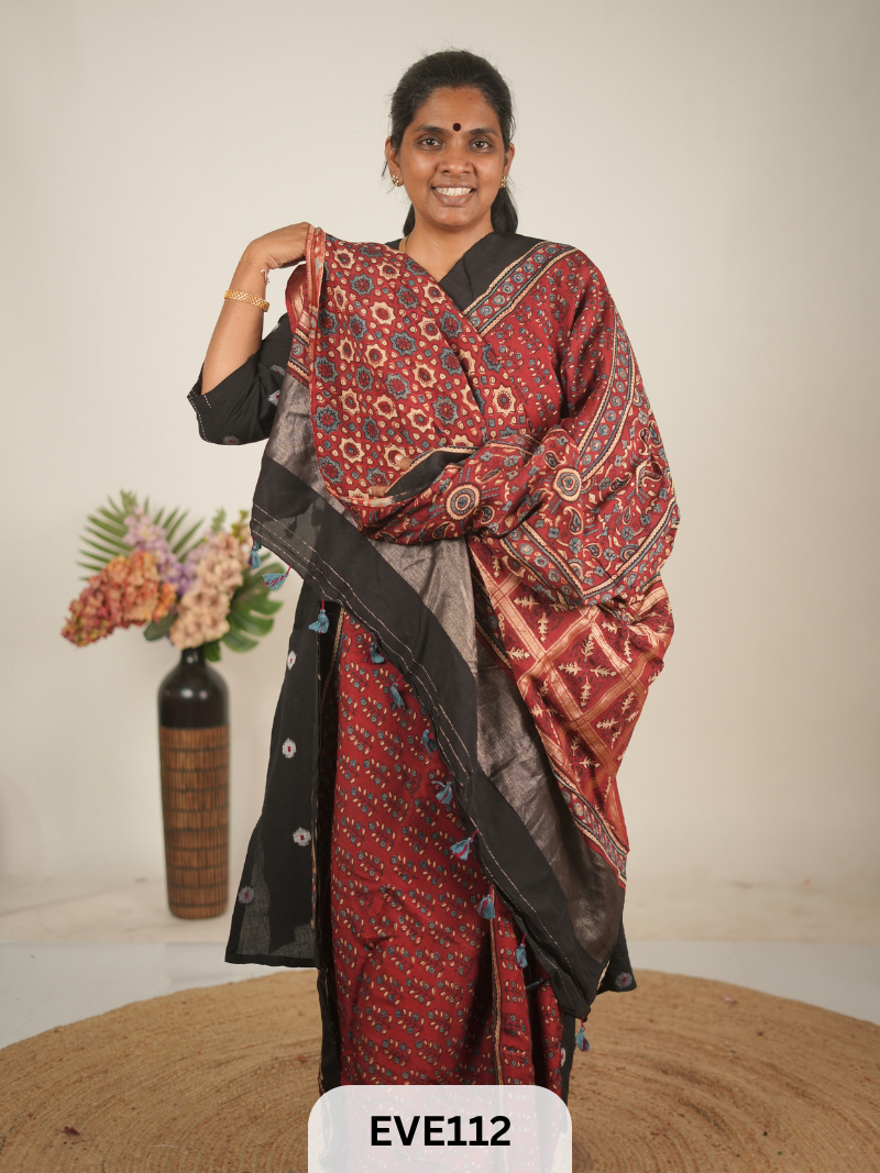 TUSSAR CHANDERI WITH GHARCHOLA - NATURAL AJRAKH HANDBLOCK