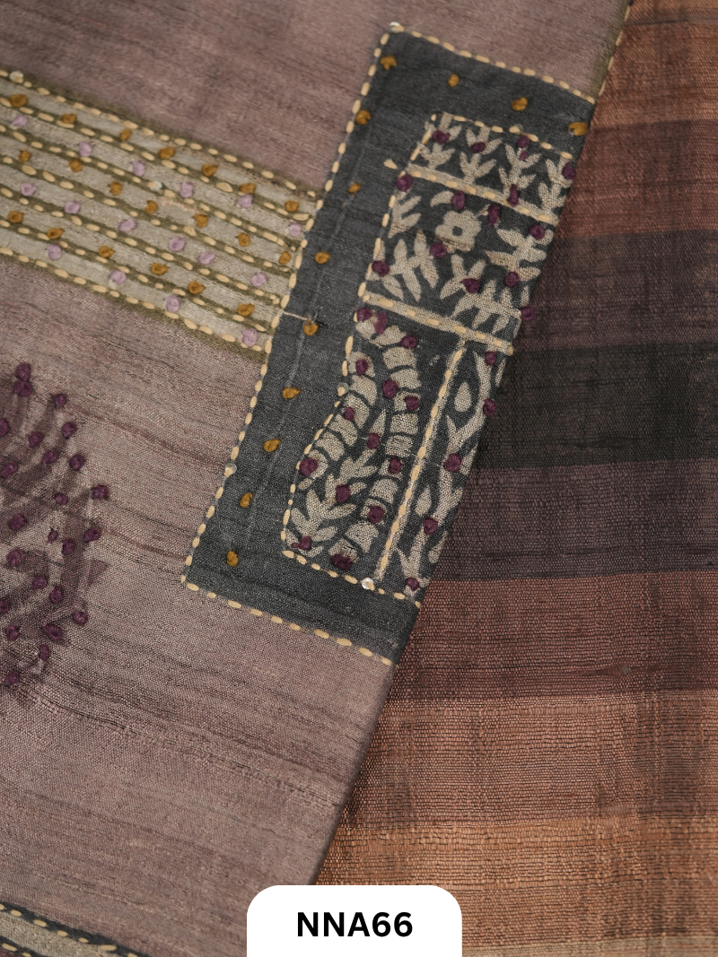 Handloom Pure Tussar Silk - Bullion With Kantha Stitch Saree