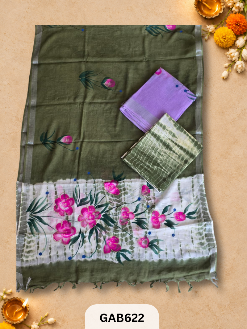 Bagru Hand Block Printed Linen Suits With Zari Border