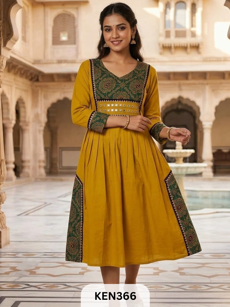 COTTON NATURAL &PLAIN COMBINATION FROCK STYLE KURTI WITH MIRROR WORK