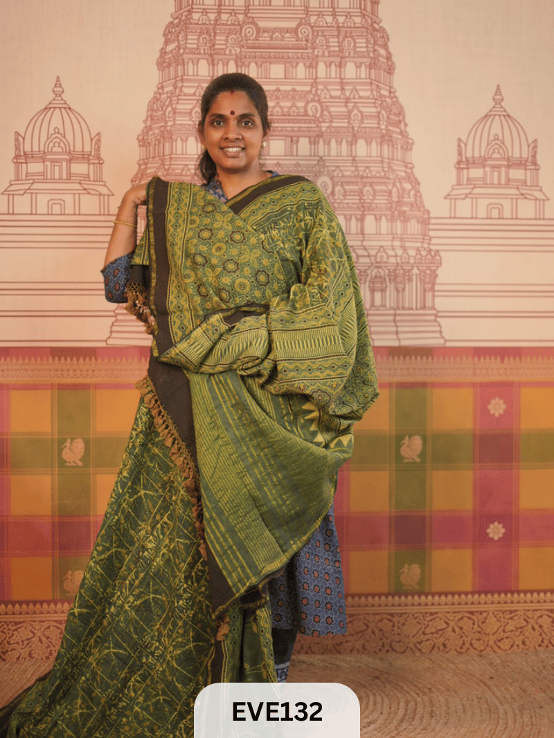 PURE CHANDERI SILK AJRAKH HANDBLOCK SAREE